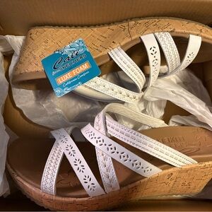 Skechers White Multi-Strap Cork-Look Wedge Sandals